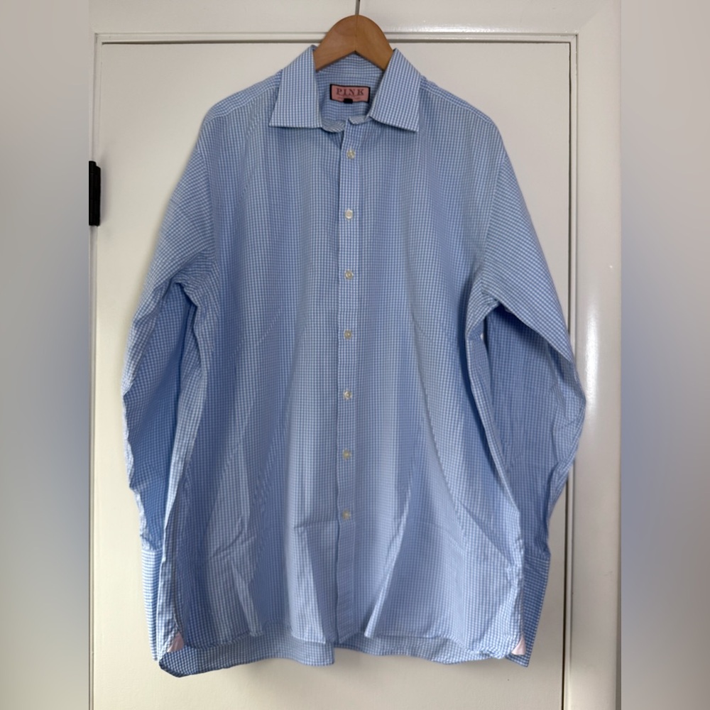 Thomas Pink Blue White Gingham Check Button Down Shirt 100% Cotton 17.5” Neck